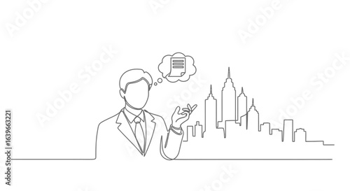 Visionary's Blueprint: An artistic line drawing presents a visionary figure contemplating a document cloud and a futuristic cityscape.