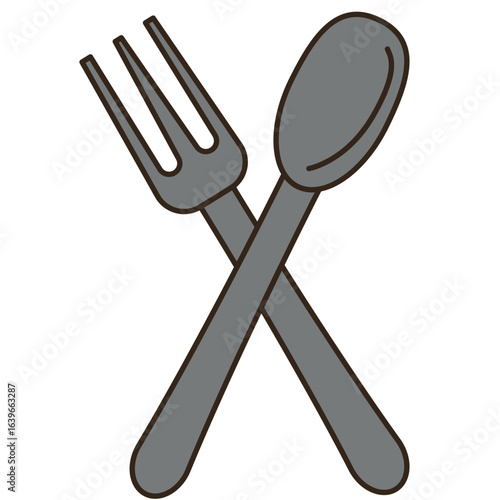 Minimalist crossed cutlery illustration, a fork and spoon icon for food, dining, and mealtime concepts.