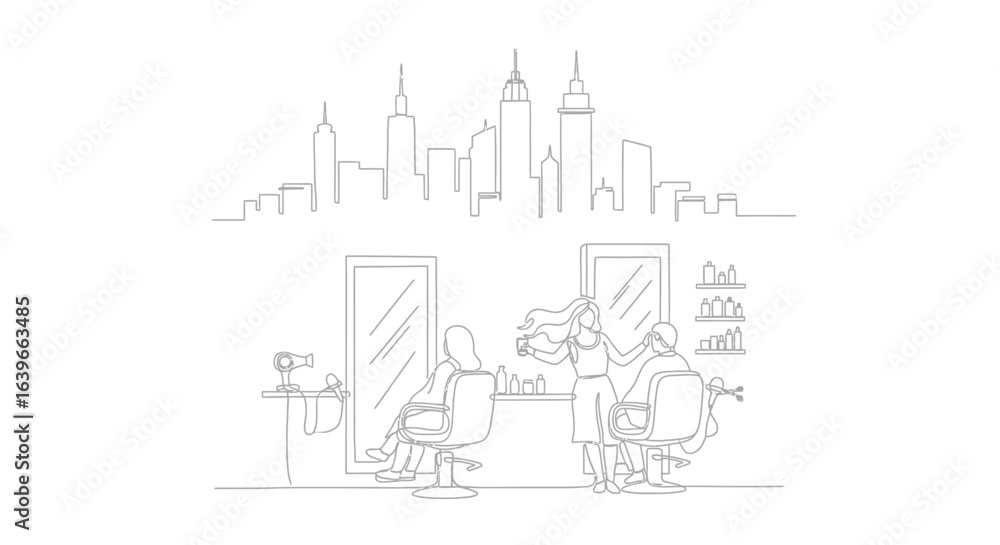 Obraz premium Salon Daydream: A stylized depiction of a salon scene unfolds, with a stylist and a client, mirrored by a captivating cityscape, creating a harmonious blend of personal care and urban essence.
