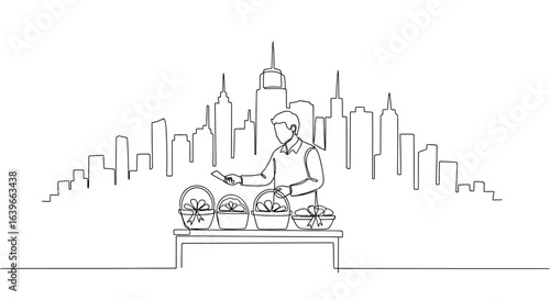 Sketch of Street Vendor with Skyline: A minimalist, line art representation of a street vendor in a bustling urban scene.