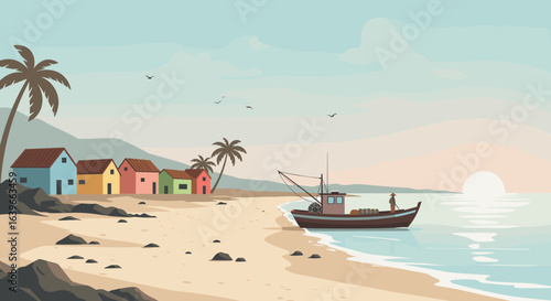 Fishing boat at scenic beach coastal village digital illustration calm ocean serene view tranquility and adventure. Vector illustration
