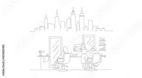 Salon Daydream: A stylized depiction of a salon scene unfolds, with a stylist and a client, mirrored by a captivating cityscape, creating a harmonious blend of personal care and urban essence.