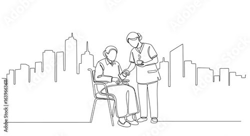 Caring Interaction: A minimalist line art illustration captures a compassionate interaction, with a caregiver attending to an elderly individual against a subtle city skyline backdrop.