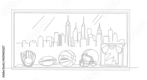 City Skyline and Sports Collection: A minimalist line drawing showcases a city skyline alongside a display of sports equipment, embodying urban energy and recreational pursuits.