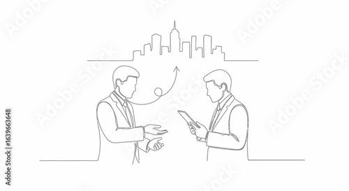 Business Deal in Metropolis: Two business professionals engage in a transaction against a backdrop of the urban skyline, the scene is depicted in a clean.