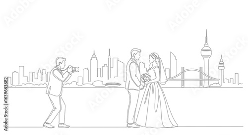 Wedding Photography Sketch: A minimalist line drawing captures a romantic scene, a professional photographer skillfully documenting a couple's tender moment on their special day in an urban setting.