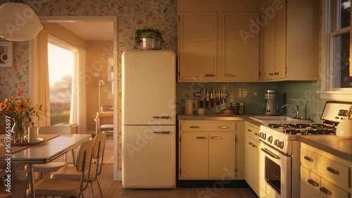 Retro kitchen interior with vintage appliances and dining area. Cozy home scene with warm sunset lighting and nostalgic atmosphere.