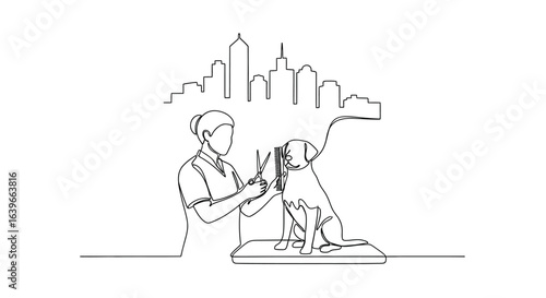 Line Art Pet Grooming: A line art illustration capturing a skilled professional grooming a dog, with the city skyline elegantly drawn in the background, symbolizing care and urban life.