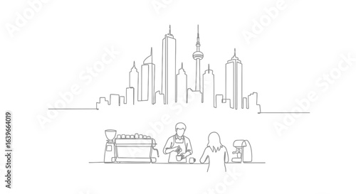 City Cafe Scene Illustration:  A modern illustration shows barista crafting the perfect coffee in front of cityscape.