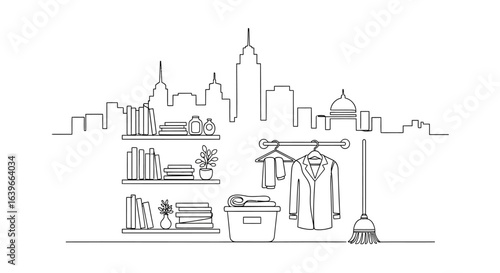 Cityscape in the Home: A tidy living space merges with urban skyline in clean linear art, highlighting the blend of daily life with the world beyond the walls.