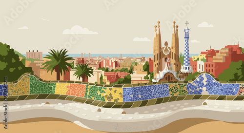 Exploring architectural wonders at park guell barcelona digital art urban landscape aerial view culture. Vector illustration