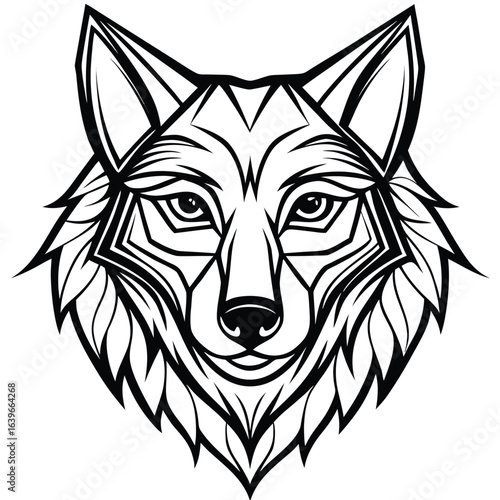Vector art of geometric black and white illustration of a wolfs head, isolated on white background