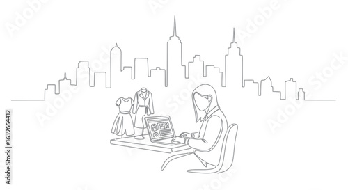 Digital Fashion Design in Metropolitan: An illustration of a fashion designer working on a laptop, surrounded by design sketches against the backdrop of a city skyline.