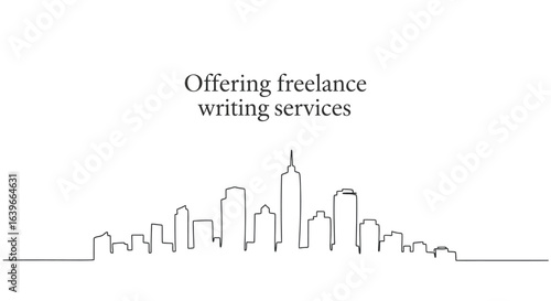 Creative Writing Services in Urban Landscape: A sleek, minimalist illustration presents a cityscape skyline. It embodies the essence of freelance writing services within an urban landscape.