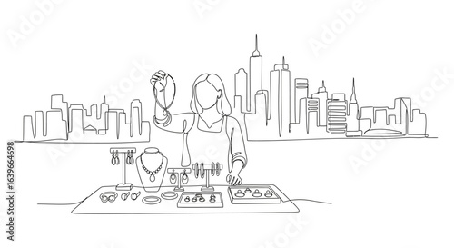 Jewelry Showcase: A woman, surrounded by jewelry, assesses a piece with a hand mirror against the backdrop of a modern cityscape, a sketch celebrating elegance and self-expression.