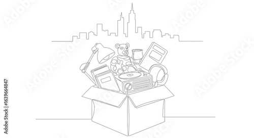 Moving Essentials: A line art illustration of a cardboard box overflowing with personal belongings, suggesting relocation, transition, and change, set against the backdrop of a distant city skyline.