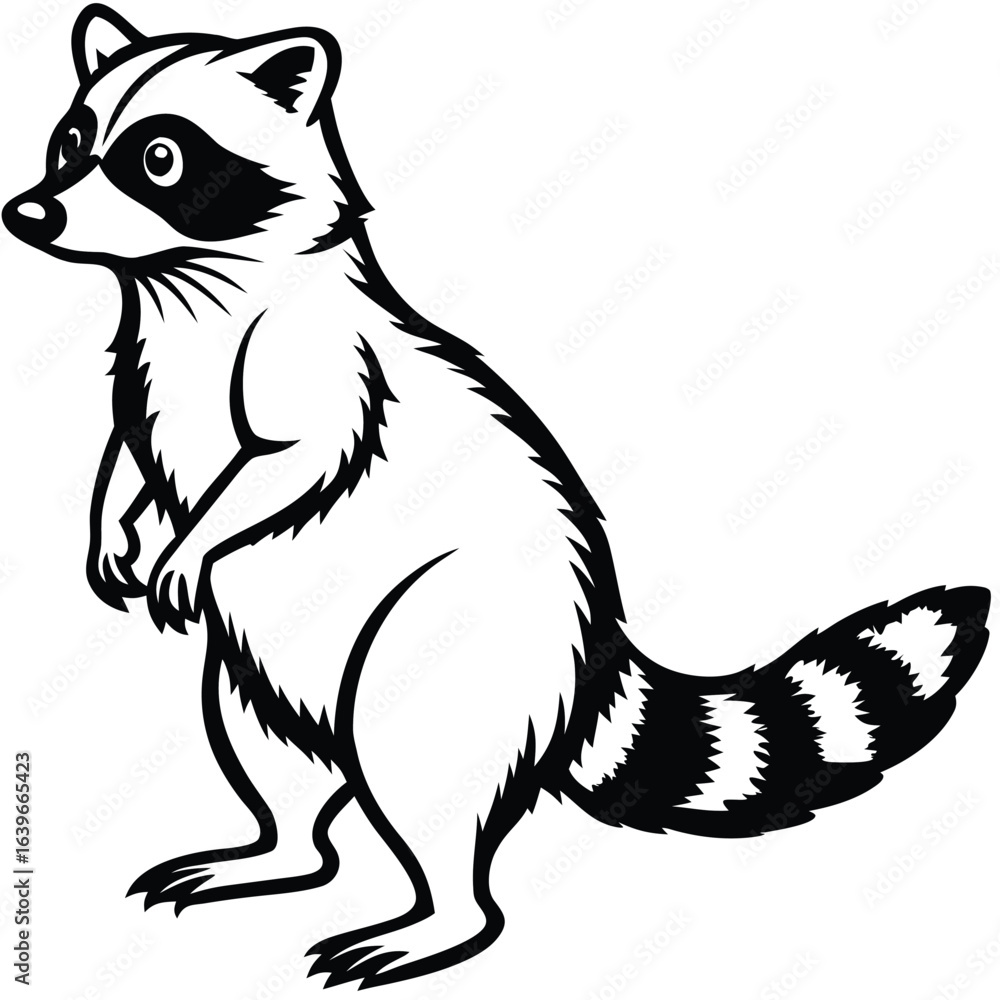 Obraz premium Vector art of black and white illustration of a raccoon standing on its hind legs, isolated on white background