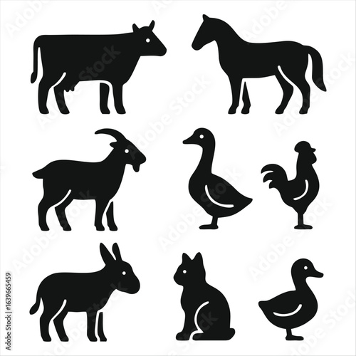 Silhouette Farm Animals Vector Icon Set