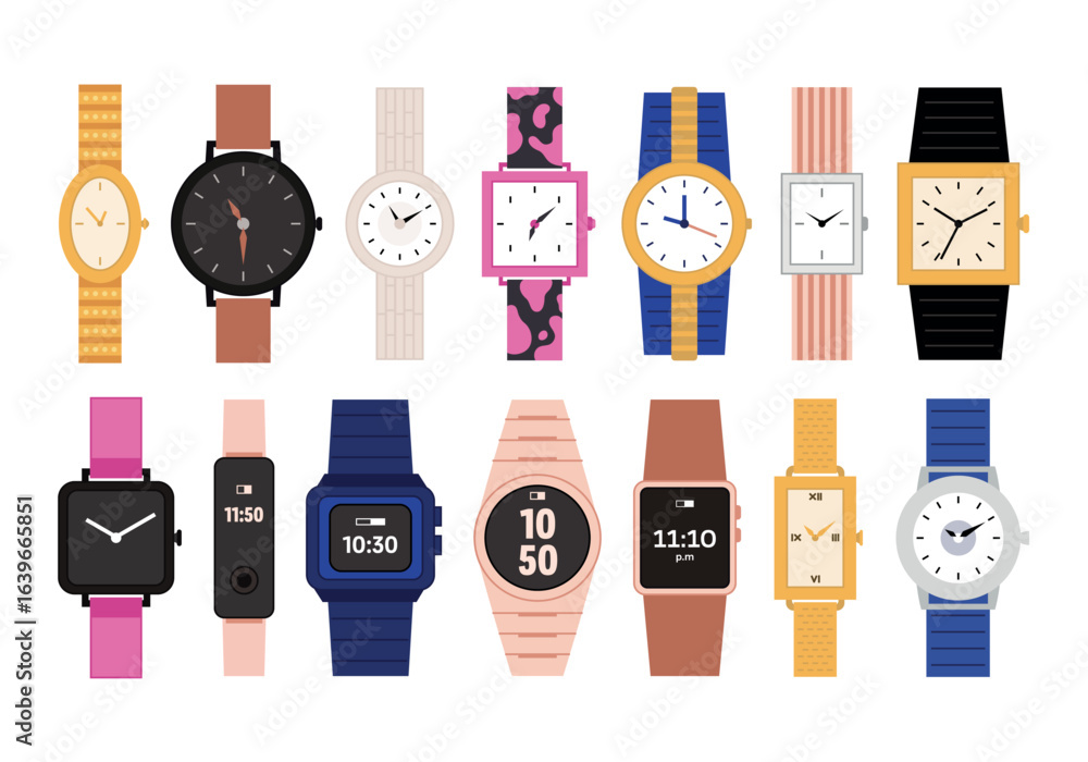 custom made wallpaper toronto digitalWrist watch set vector flat illustration. Cartoon isolated fashion wristwatch collection with expensive luxury gold clock, classic female and male mechanical accessory, smartwatch with digital display