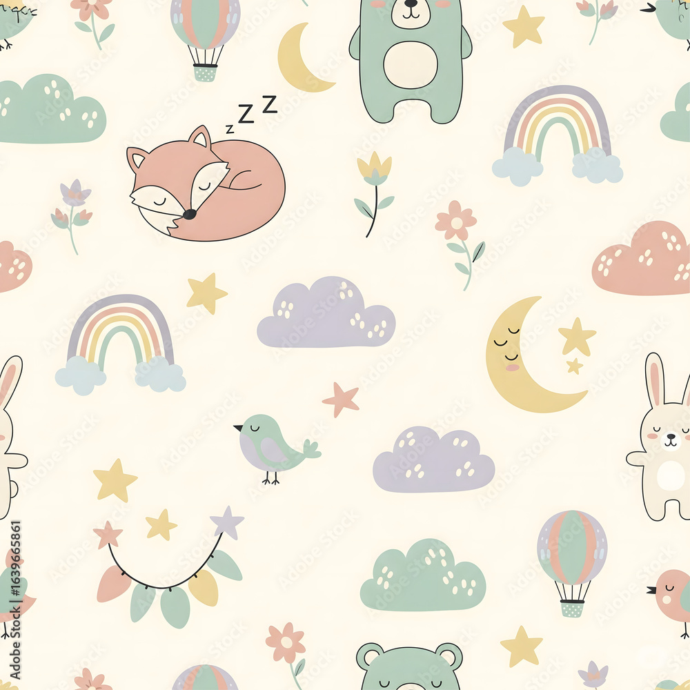 Fototapeta premium Seamless Pastel Sleeping Animal Pattern with Fox, Bear, Bunny, Bird, Moon, Stars, Clouds, Rainbow, Flowers, and Hot Air Balloon for Kids