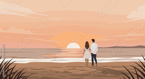Romantic sunset stroll beach digital illustration serene atmosphere couple's perspective love and connection. Vector illustration