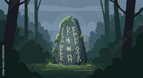 Ancient rune stone engraving discovery in enchanted forest digital art mystical environment fantasy concept. Vector illustration