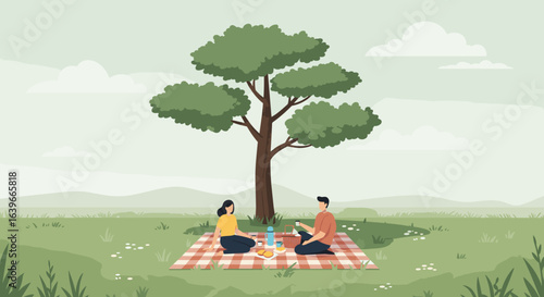 Picnic gathering with friends in a scenic park nature illustration relaxed atmosphere outdoor setting. Vector illustration
