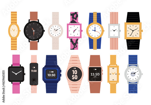 Wallpaper Mural Wrist watch set vector flat illustration. Cartoon isolated fashion wristwatch collection with expensive luxury gold clock, classic female and male mechanical accessory, smartwatch with digital display Torontodigital.ca