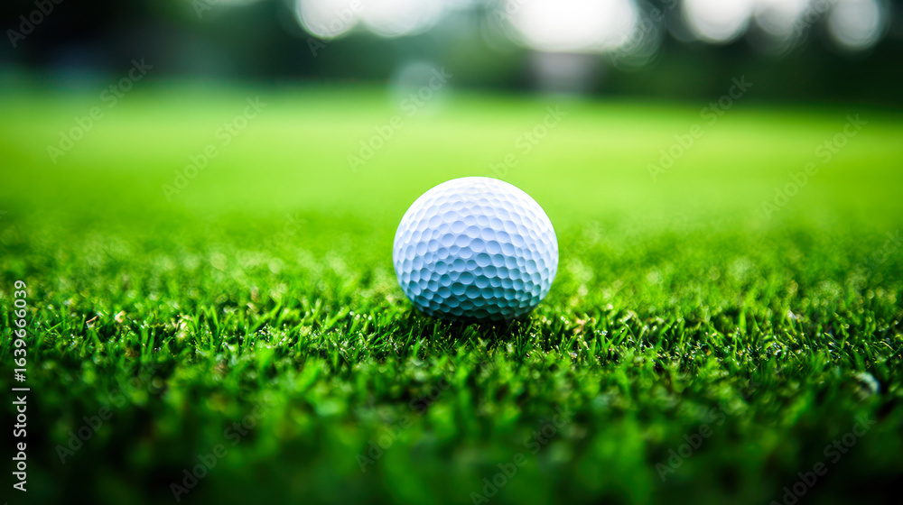 Naklejka premium Golf ball resting on lush green grass in a serene outdoor setting
