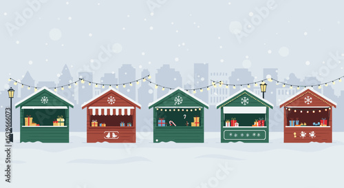 Festive holiday market stalls in a winter wonderland urban setting digital illustration snowy environment aerial view christmas spirit. Vector illustration