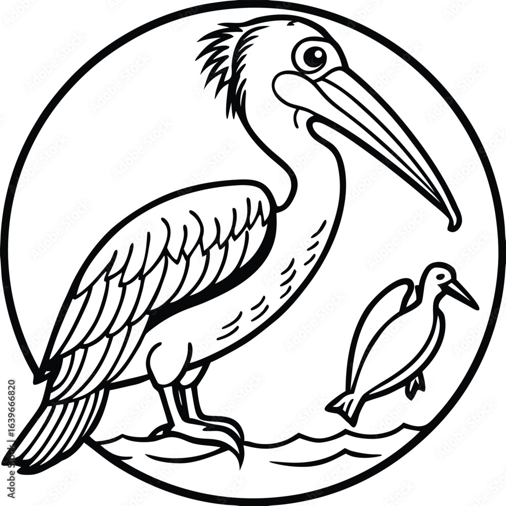 Fototapeta premium Vector art of a pelican and its baby in a circular frame with water, isolated on white background