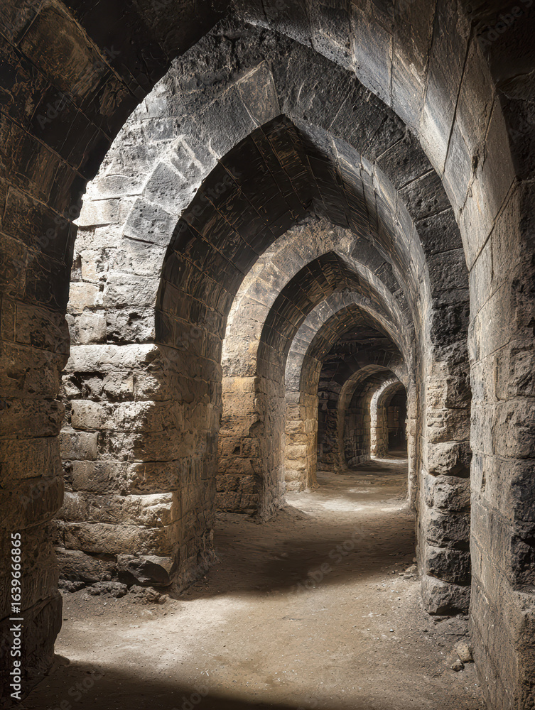 Obraz premium A mysterious stone corridor with arched ceilings, illuminated softly, showcasing ancient architecture and an inviting pathway into the depths.