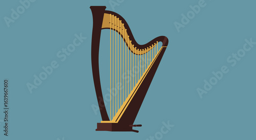Musical performance harp studio digital art minimalistic side view instrumental elegance. Vector illustration