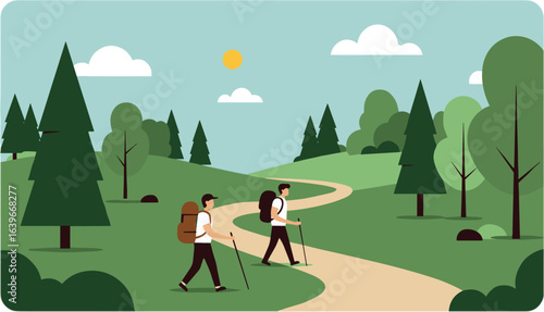 Hiking adventure on scenic trails lush forested landscape illustration sunlit daylight outdoor exploration. Vector illustration