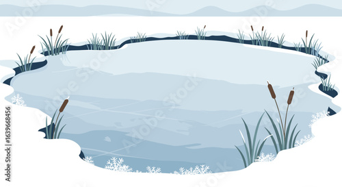 Frozen pond reflection winter landscape nature illustration calm environment aerial view serenity and stillness. Vector illustration