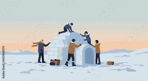 Community building igloo in arctic landscape illustration cold environment collaborative effort. Vector illustration
