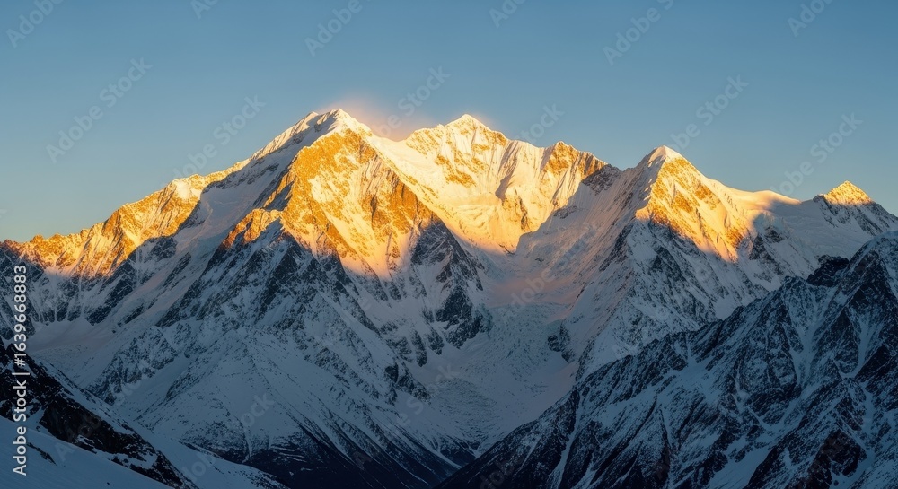 Obraz premium Majestic Mountain Range at Sunrise: A towering mountain range is dramatically lit by the rising sun, revealing textures of snow and rock in an awe-inspiring landscape.
