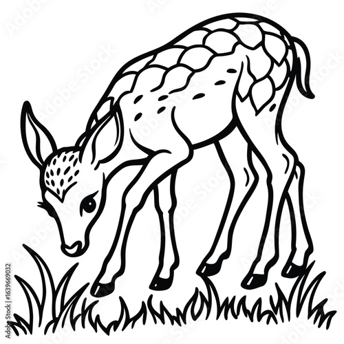 Vector art of a young fawn with spots grazing in the grass, isolated on white background