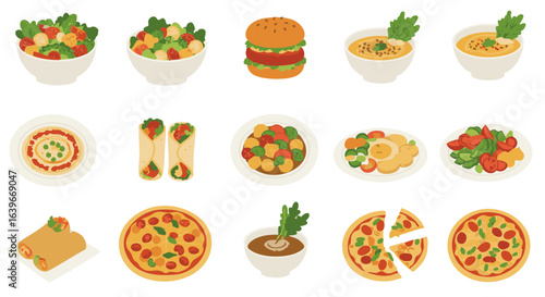 Vegetarian dishes flat icon set vector healthy plant-based food