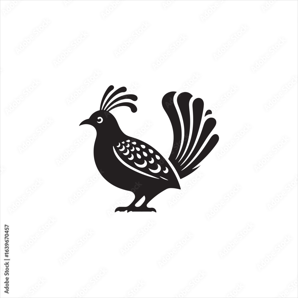 Fototapeta premium Elegant Lyrebird Bird Vector Silhouette Illustration Featuring Long Flowing Tail Feathers, Detailed Avian Shape, Perfect for Wildlife Art, Nature Designs, Logos, and Ornamental Decorative Graphic Proj
