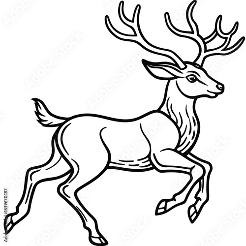 Vector art of graceful deer with large antlers running through a field, isolated on white background