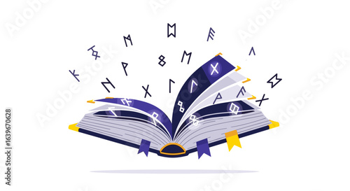 Open magic book with runes floating, blue and gold fantasy illustration on white background