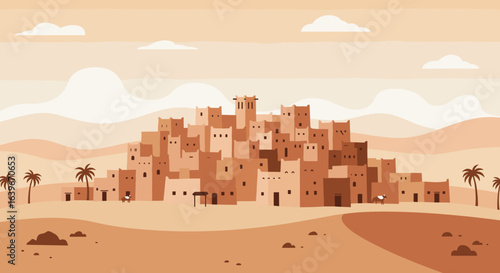 Traditional desert townscape arid environment digital art serene atmosphere wide view cultural heritage. Vector illustration