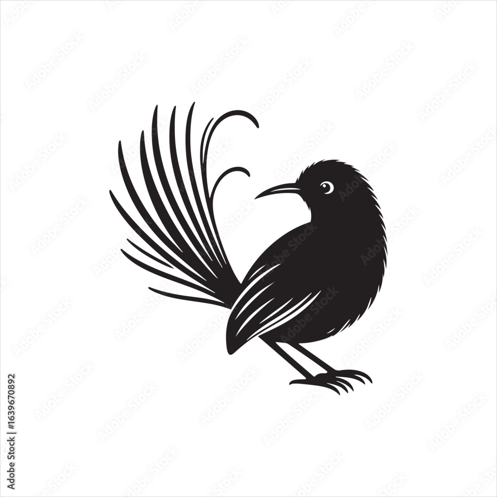 Fototapeta premium Elegant Lyrebird Bird Vector Silhouette Illustration Featuring Long Flowing Tail Feathers, Detailed Avian Shape, Perfect for Wildlife Art, Nature Designs, Logos, and Ornamental Decorative Graphic Proj
