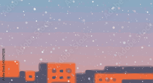 Snowy scene over city buildings urban landscape digital illustration evening sky warm colors tranquil atmosphere. Vector illustration