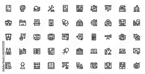 Learning icon set. Education vector collection. Includes symbols for exam, globe, books, experiment, university, online learning, library, student, programming and more. Editable stroke.
