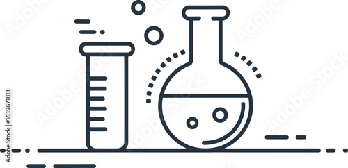 Chemical lab icon with test tube and beaker, science experiment symbol, flat line style, minimal laboratory glassware illustration