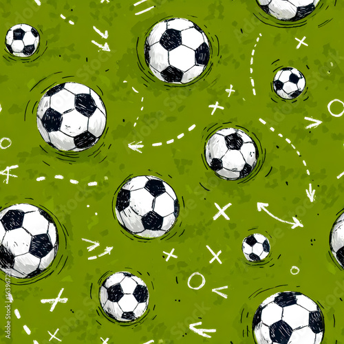 Dynamic illustration of soccer balls bouncing across a vibrant green field with playful tactical markings