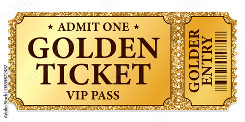 Golden glittering stub vip ticket (tear-off) template. Useful for any festival, party, concert, cinema, birthday event, entertainment show