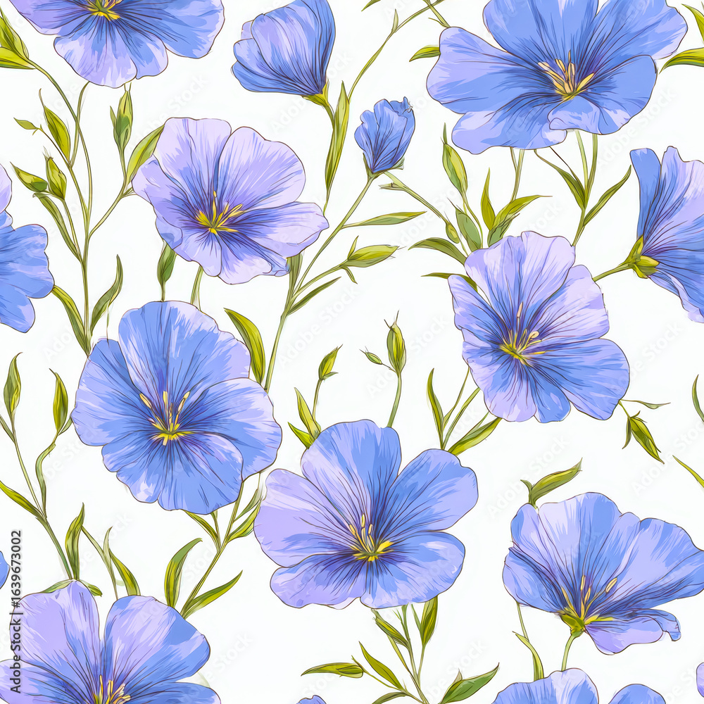 Fototapeta premium Elegant blue morning glories with green foliage in a seamless botanical pattern